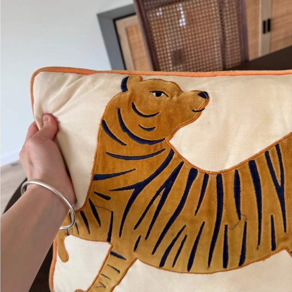 Crate & Barrel Tiger embroidered throw pillow accent home decor Kids